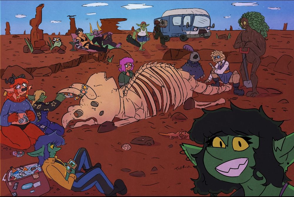 A illustration of my OC's featuring 4 goblins, a minotaur, a cyborg with pink hair, a mannequin with paper hair, a armored fellow in a poncho, a tree woman, a burlesque performer, a demon, a robot, and a van all in a desert landscape surrounding a skeleton of a triceratops 