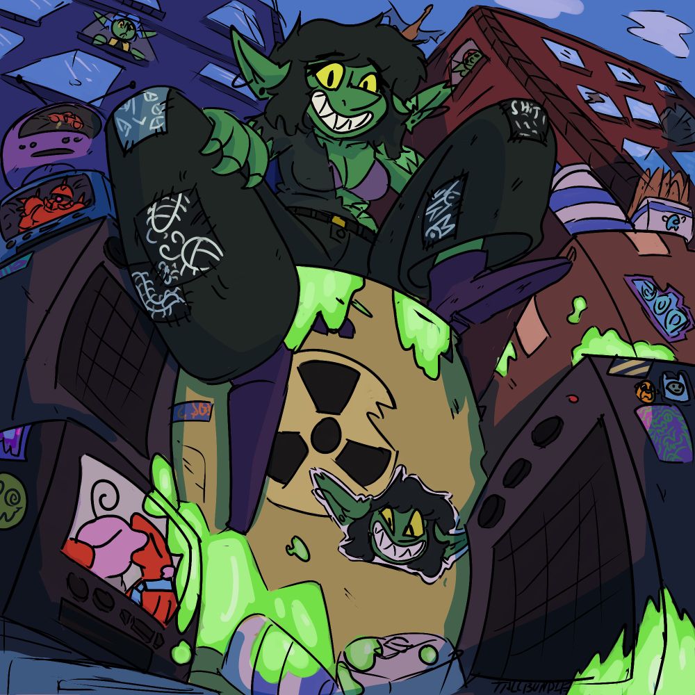A fem presenting Goblin wearing a torn black T-shirt, purple bra, and patch covered pants. Is sitting on a leaking barrel of toxic waste surrounded by amps, boxes, TVs, and garbage