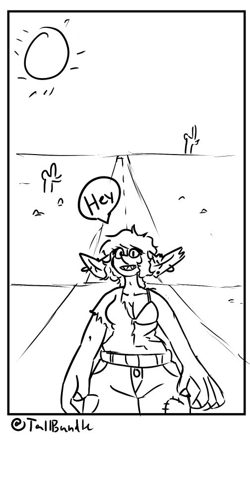 A comic of a goblin looking directly at the viewer saying hey, they are on a road in the desert 