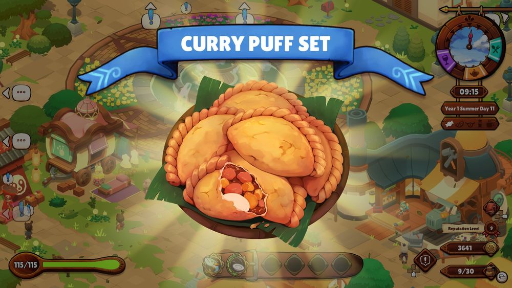 An image of a curry puff set from Cuisineer. Seasoned beef and potatoes sit in a brown curry sauce inside semi-circular, light brown puff pastries with crimped edges.