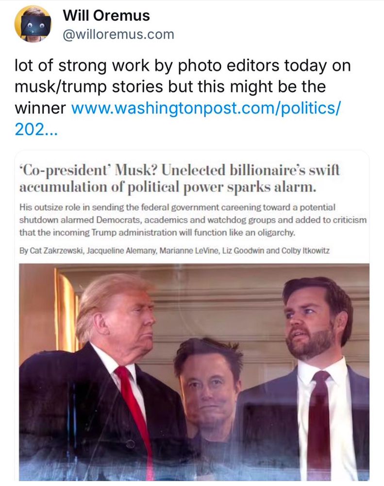 Picture of Donald Trump and JD Vance with Elon Musk looking on from right over their shoulders.