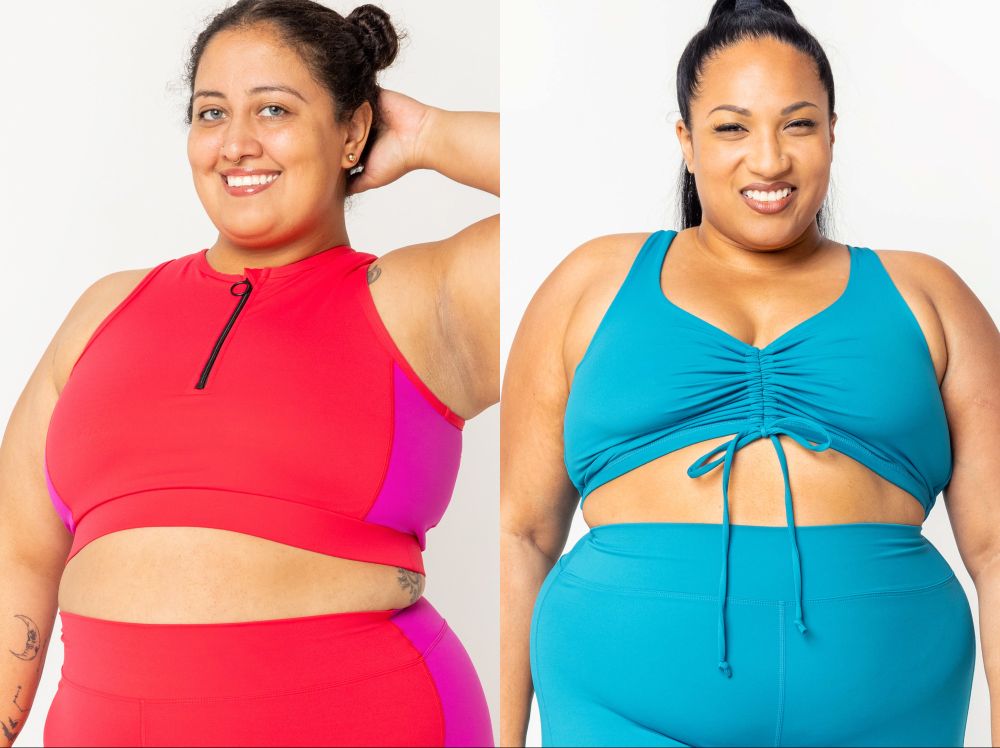 Two women wearing plus-sized swimsuits. The cuts are sportier and simplistic, but very colorful.