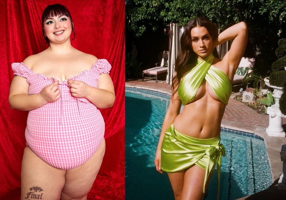 A fair-skinned woman wearing a plus-sized, pink gingham one-piece bathing suit on a red background. She is smiling. Next to her is a woman wearing a straight-sized, two-piece, chartreuse bathing suit standing in front of a pool. 