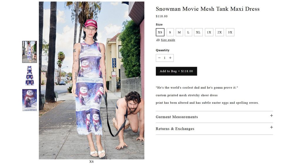 A woman in a midi-length bodycon dress with crudely printed Snowman movie posters on it. She is walking a half-naked adult man on a leash down a city block. Yes, he is on his hands and knees. 