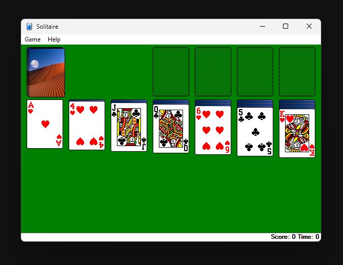 Screenshot of Windows XP Solitaire running on Windows 11