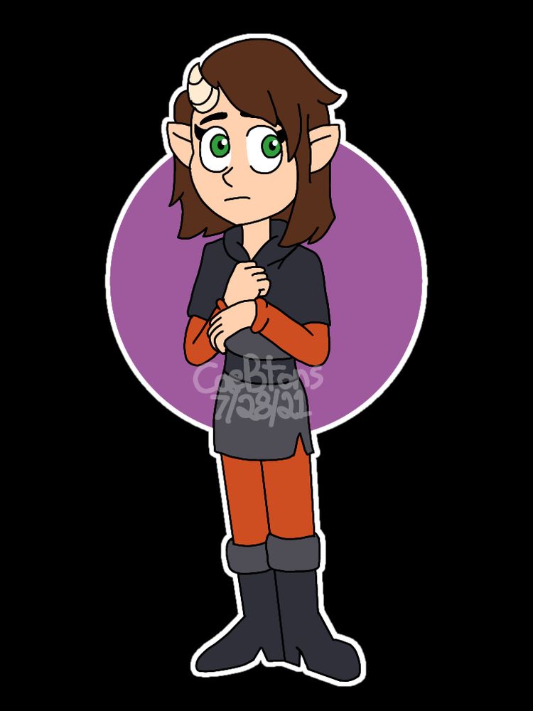 Girl with short, brown hair and one horn. She has green eyes and elf ears, she's wearing the School Outfit from The Owl House in Orange. 
