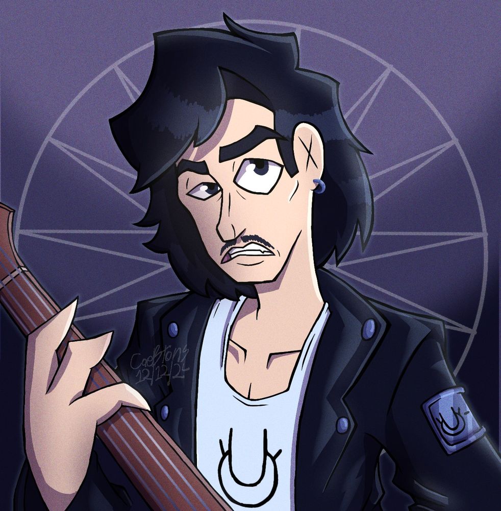 Frecnhman wearing a Black leather jacket and a white tanktop with a symbol from the game Incredibox. He's holding a guitar and has a silver earring on his right ear. He has a aggressive face. Behind him his is a symbol that is from the PTSD Album cover by Utsu-P.