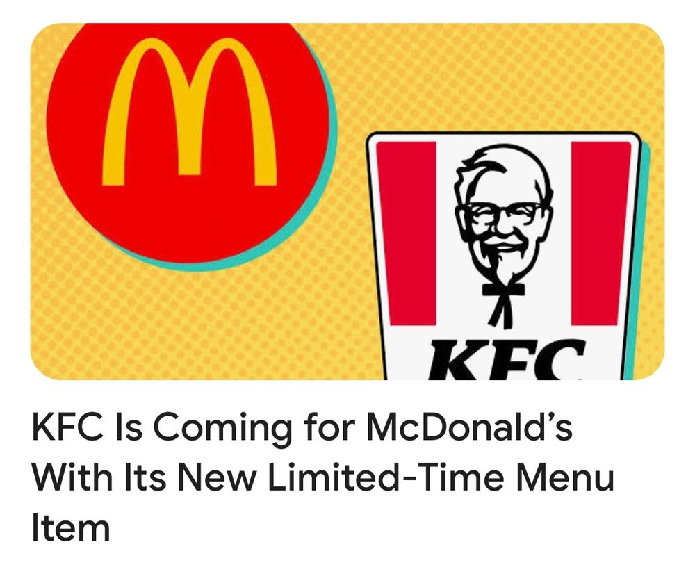 News headline reading "KFC Is Coming for McDonald's With Its New Limited-Time Menu Item"