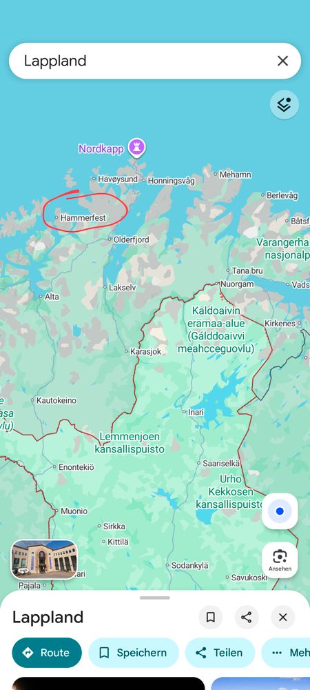 Karte zeigt Ort "Hammerfest" in Finnland.