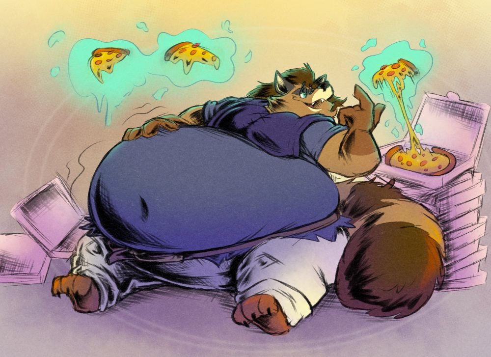 Rotund shortstack raccoon levitating pizza slices with psychic magic, surrounded by many boxes of pizza.