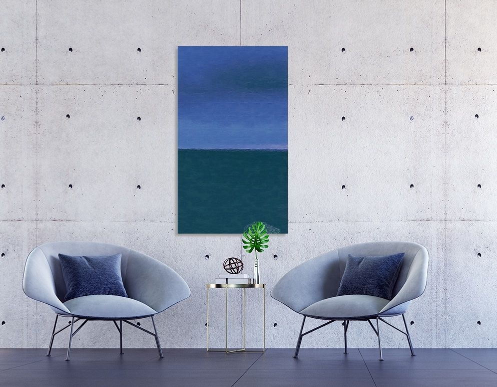 One of my abstract artwork on canvas in varying shades of blue from sea to sky, hanging on an office lobby wall, two accent chairs on either side of the canvas in a lighter shade of blue with navy colored pillows 2023 