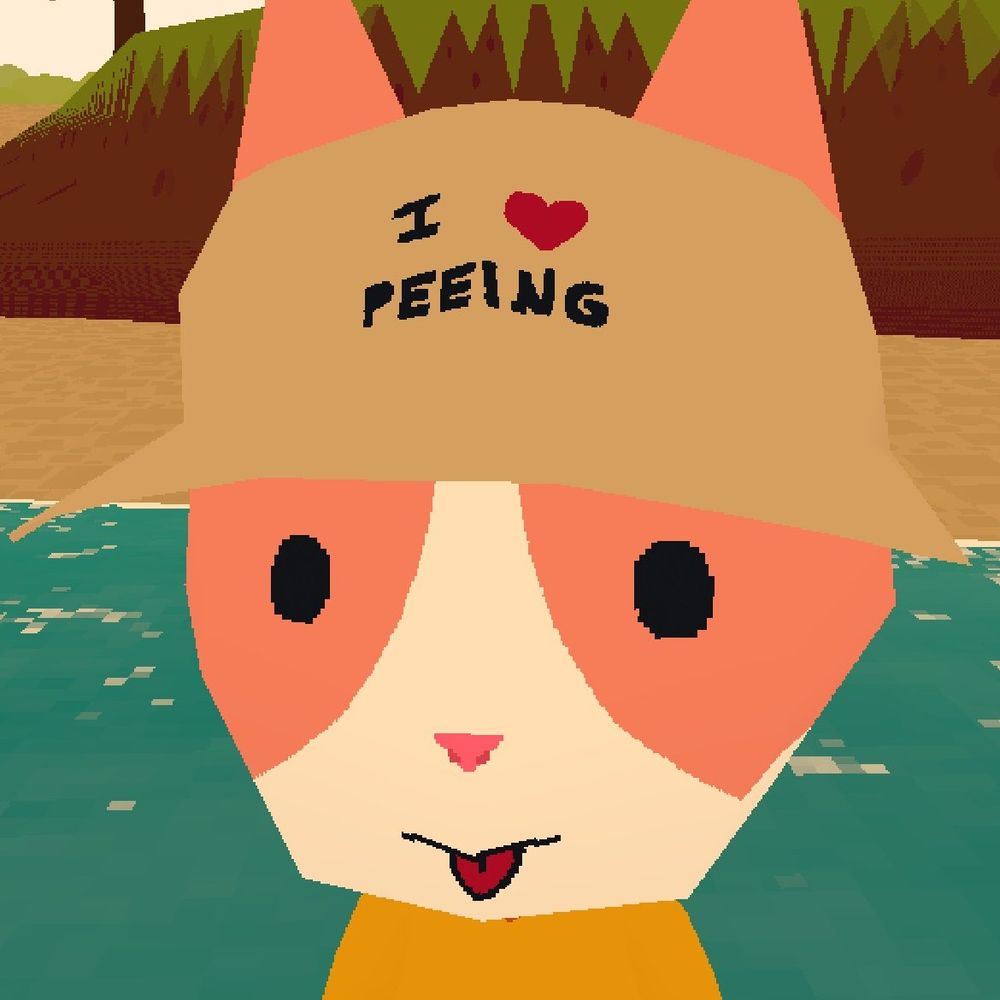 character from game webfishing with "i love peeing" hat