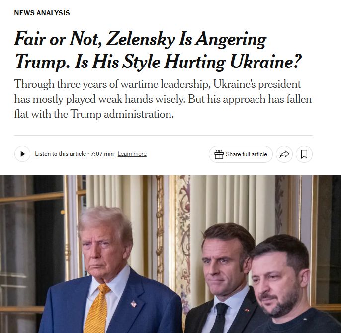 NYT headline: Fair or not, Zelensky is angering Trump. Is his Style Hurting Ukraine?