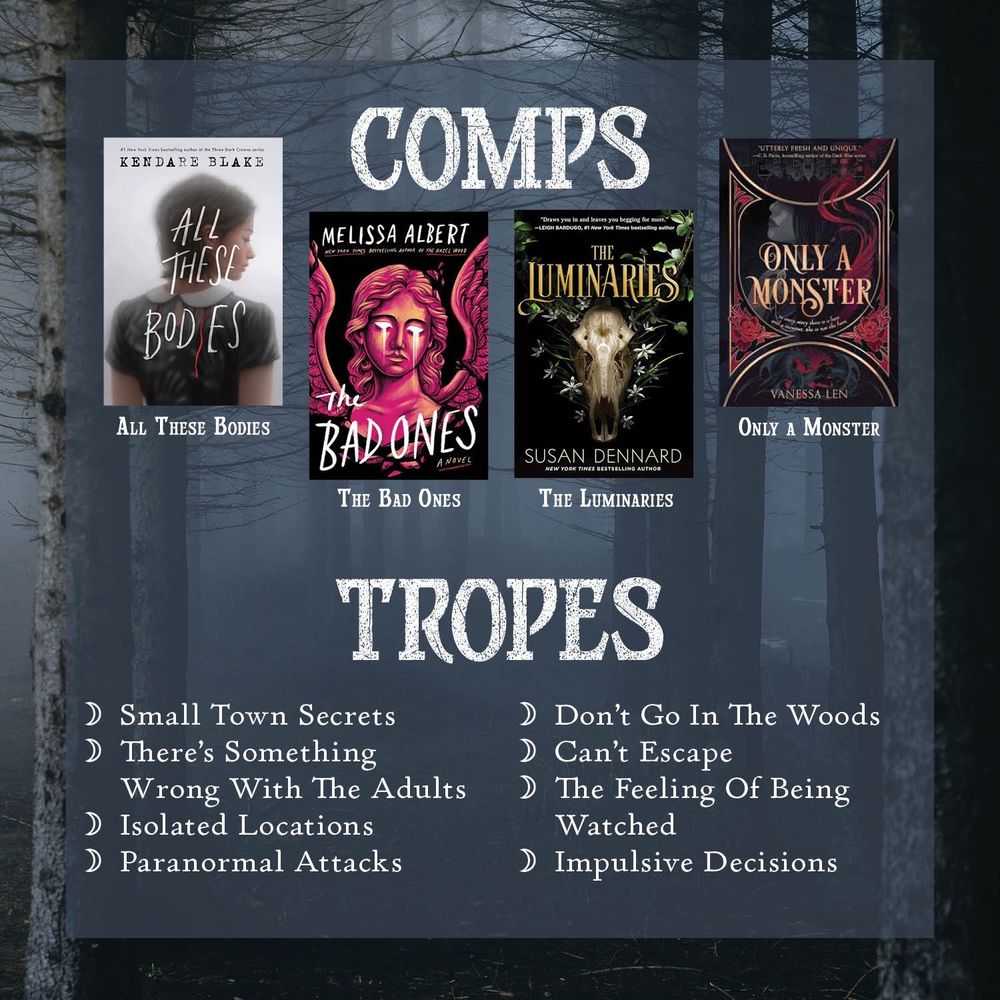 Comps
All these bodies
The bad ones
The luminaries
Only a monster
Tropes
Small town secrets
There’s something wrong with the adults
Isolated locations
Paranormal attacks
Don’t go into the woods
Can’t escape
The feeling of being watched
Impulsive decisions