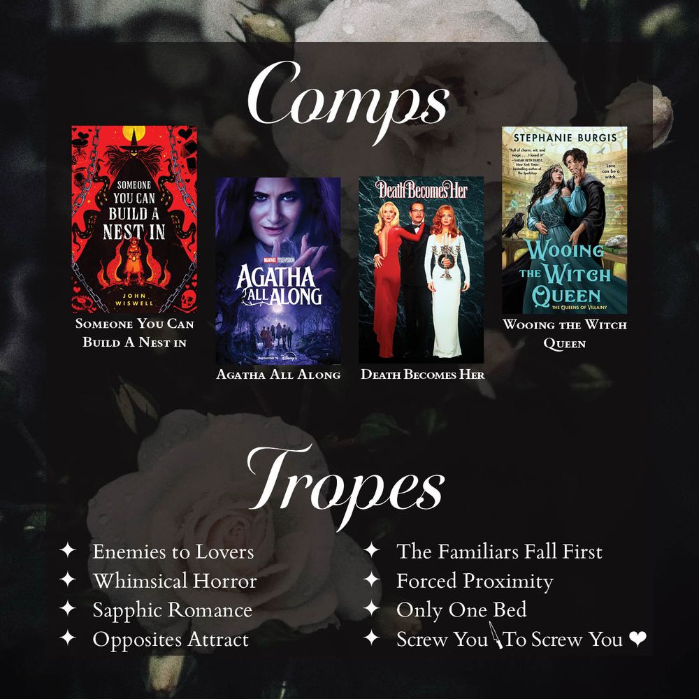 Comps
Someone You Can Build A Nest in
Agatha All Along
Death Becomes Her
Wooing the Witch Queen

Tropes
Enemies to Lovers
Whimsical Horror
Sapphic Romance
Opposites Attract
The Familiars Fall First
Forced Proximity
Only One Bed
Screw You 🔪To Screw You ❤