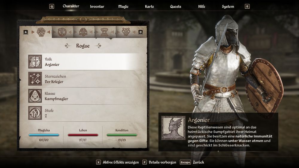 Bildschirmfoto eines Charaktermenüs aus The Elder Scrolls IV: Oblivion Remastered. Der Charakter „Rogue“ ist ein Argonier, Sternzeichen „Der Krieger“, Klasse „Kampfmagier“ und Stufe 2. Die Statuswerte Magicka, Leben und Kondition sind unten angezeigt. Rechts im Bild steht der Argonier-Charakter in glänzender Rüstung, bewaffnet mit Schwert und Rundschild. Eine kurze Beschreibung erklärt, dass Argonier Reptilienwesen sind, die unter Wasser atmen, gegen Gifte immun sind und im Schlösserknacken geschickt sind.