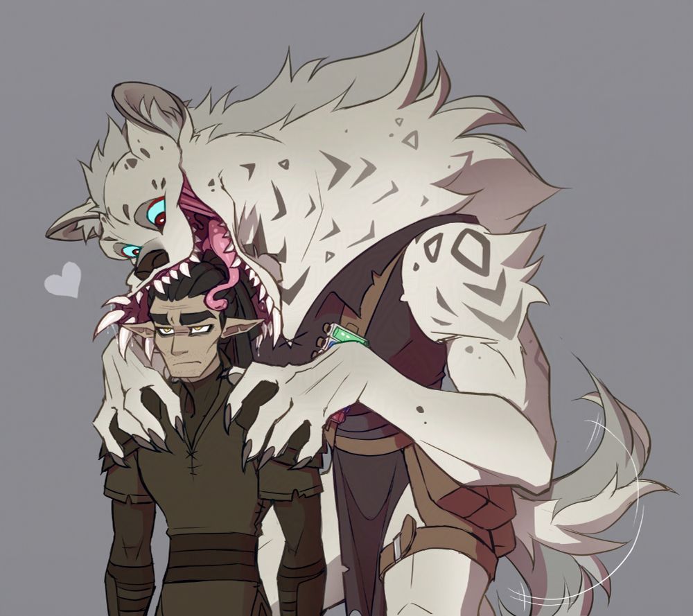 a drawing of a large white furred gnoll, that has her jaw unhinged in a horrifying, but loving way, as a middle aged elf man who is her adoptive parent looks off into the distance with a tired look on his face. he is used to this 