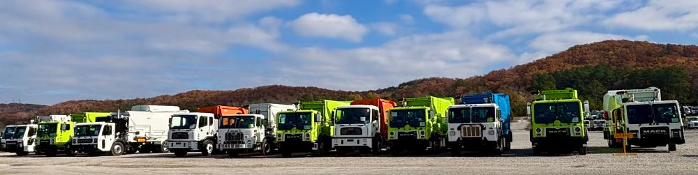 multi coloured garbage trucks parked in a line. a cloud covered blue sky and a tree covered hillside are in the background. 