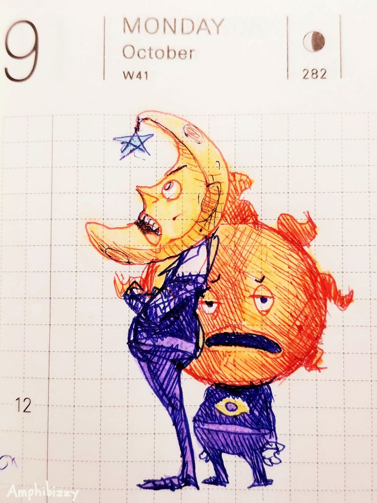 same characters but in ballpoint pen and color crescent is arguing to someone offscreen and corona looks exhausted by the situation