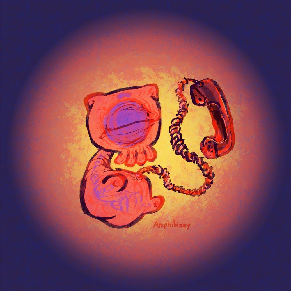 digital drawing of a tyro from hylics as a fetus in the womb. the umbilical cord is a phone line connected to a receiver. it is pink and warm