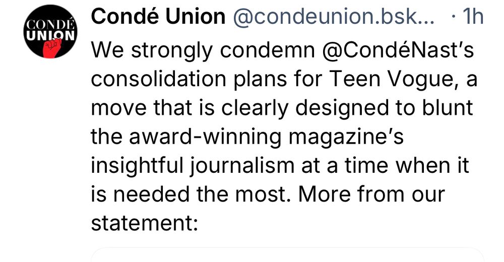 We strongly condemn @CondéNast’s consolidation plans for Teen Vogue, a move that is clearly designed to blunt the award-winning magazine’s insightful journalism at a time when it is needed the most. More from our statement: