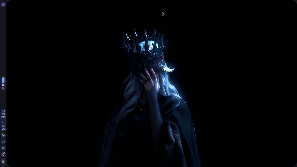 Niri WM. Noctalia Shell bar. Evil Queen Wallpaper Blue and Black. Woman hand covering her face wearing crown.