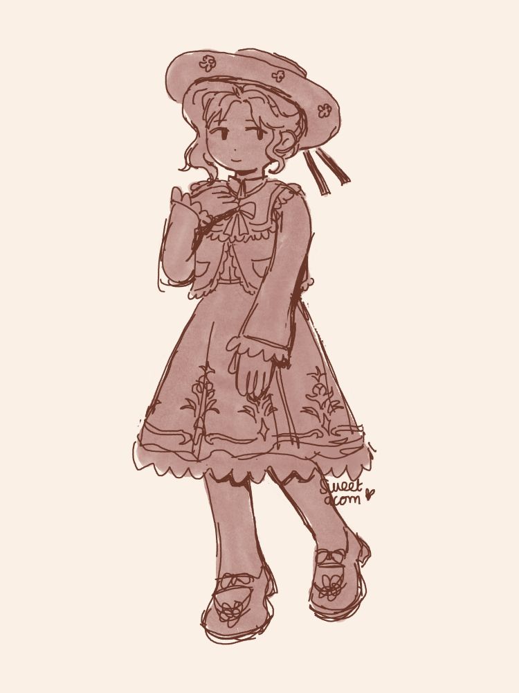 sketch of a girl posing with one hand on her chest and the other in front of her. she is wearing a straw boat hat with a long ribbon on the back, a cropped long sleeve top and a knee-length fancy dress with lace.