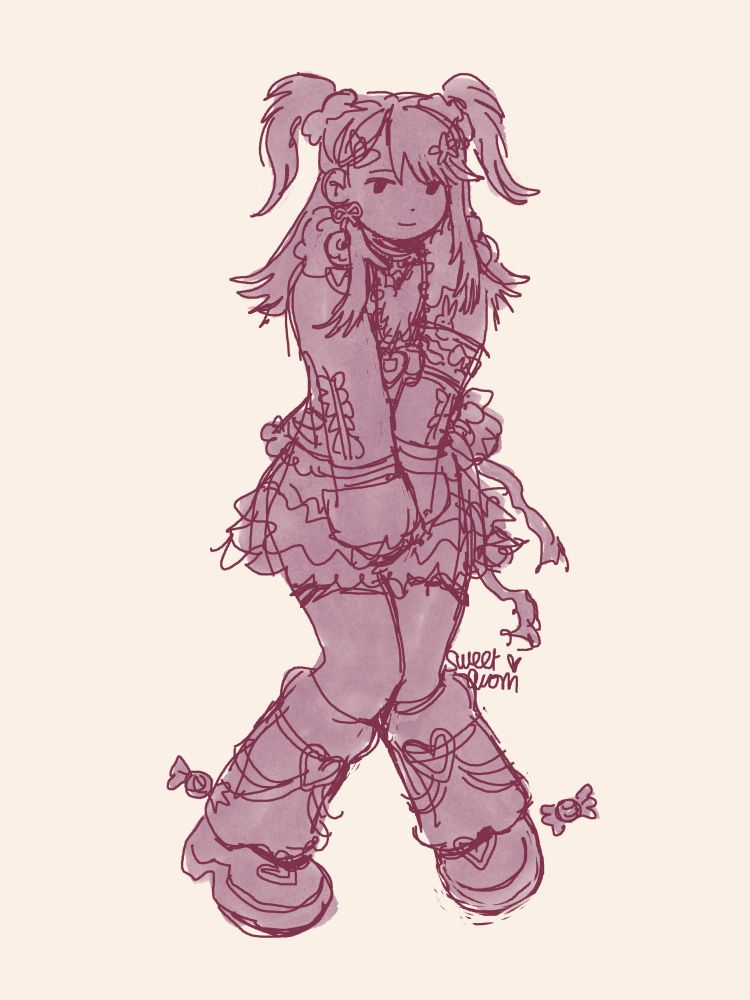 sketch of a girl posing with her knees together and hands clasped in her lap. she is wearing nostalgic 2000's clothing with fuzzy leg warmers, chunky heels, a mini skirt, a fuzzy jacket and her hair is half up and half down with two pigtails. she has a lot of small details like a heart shaped tamagotchi, flip phone and lots of hair clips.