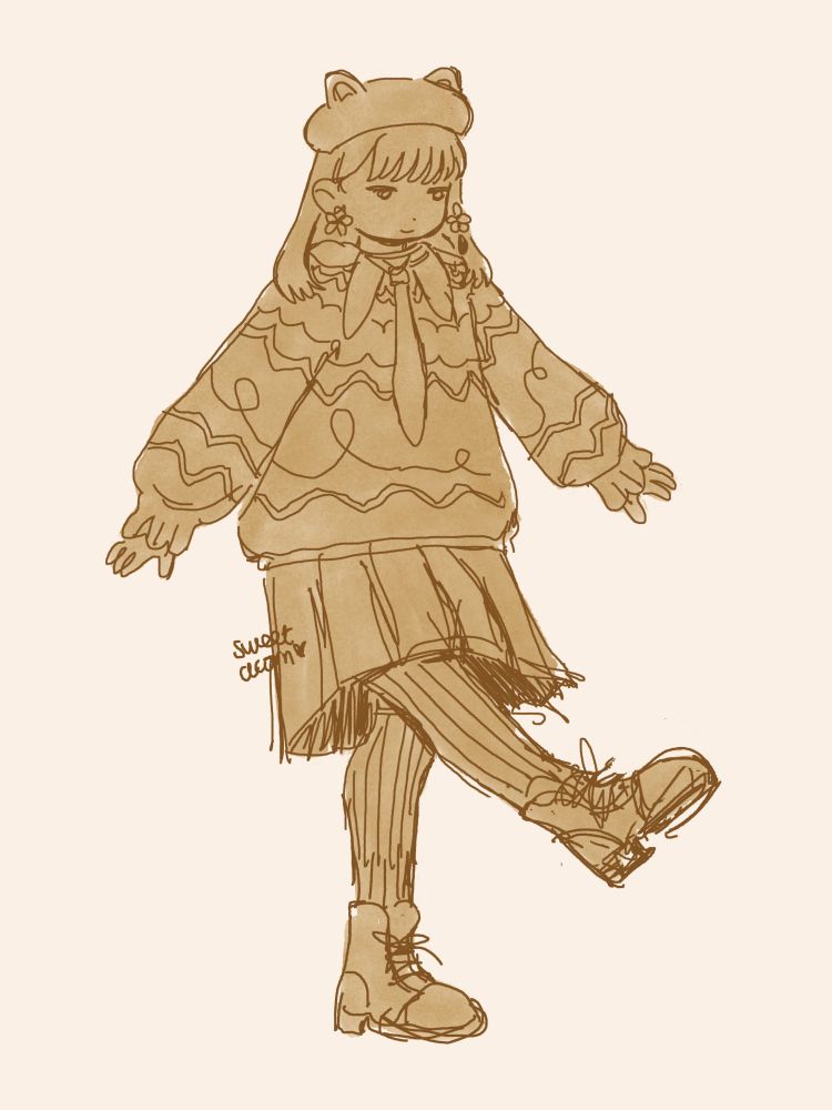sketch of a girl with her arms at her sides, looking down at her leg she is kicking in front of her. she is wearing a beret with raccoon ears, a really oversized sweater with a necktie on it, a knee-length pleated skirt and lace-up boots. 