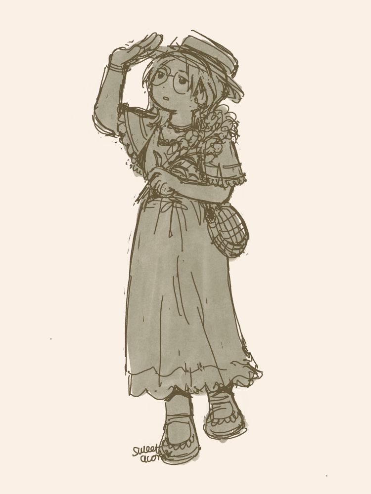sketch of a girl looking up with her hand shielding her eyes from the sun. she is wearing a long lacy dress, a lacy shawl, a round handbag and lacy flat mary jane shoes. she has a straw boat hat and glasses on and she is holding a bundle of flowers in one hand