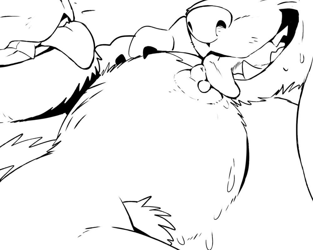 Drawing — A zoomed in shot of Waffle's muscular pec getting his nipple licked with visible force and a heavy amount of drool and sweat is dripping down the side. Both characters in the frame have snarly grins with their tongues out.