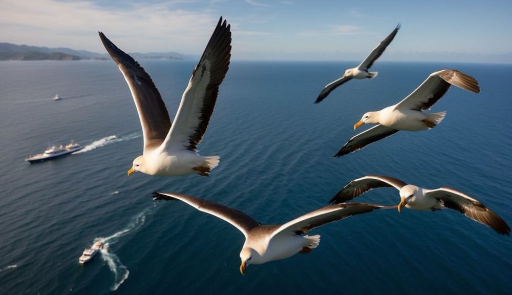 Flock of albatross flying with ships below 
