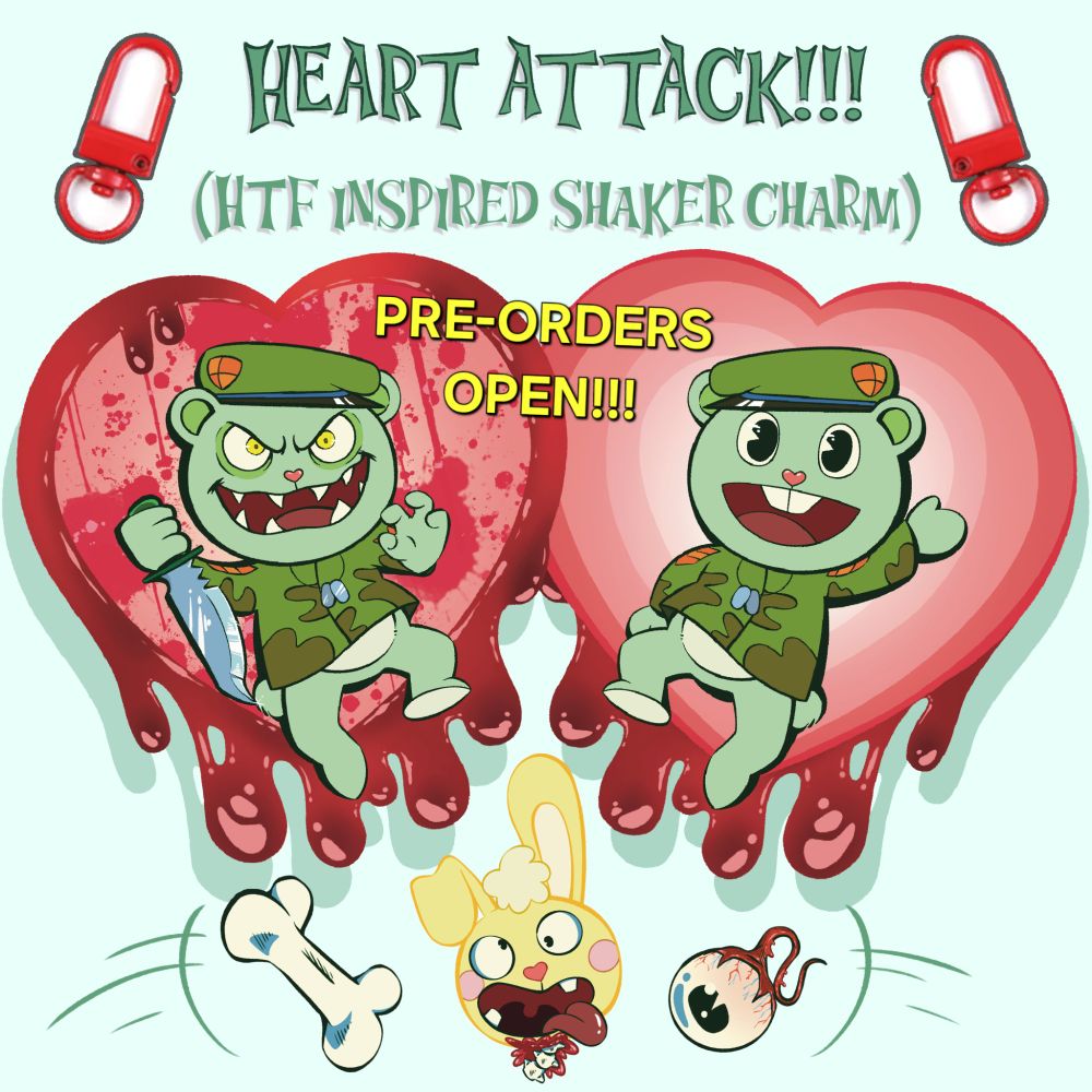 Happy tree friend character Flippy and fliqpy on a front and back shaker charm, announcing preorder on fixationnationcreations etsy shop!