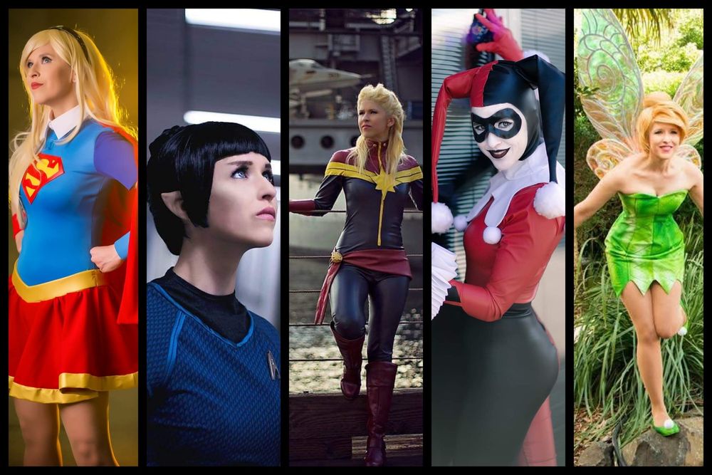 A gallery of costumes, including Supergirl, Spock, Captain Marvel, Harley Quinn and Tinkerbell.