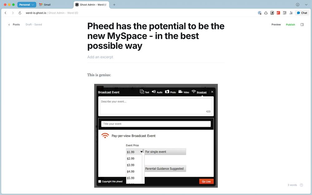 A screenshot of a draft post that reads: "Pheed has the potential to be the new MySpace - in the best possible way."