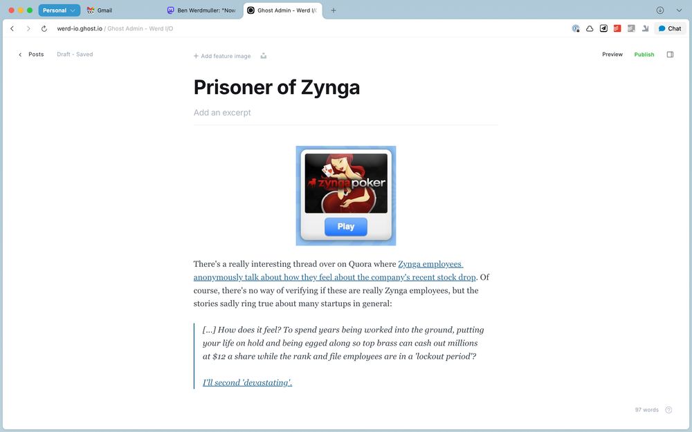 A blog post titled, "Prisoner of Zynga"