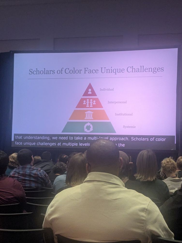 Scholars of color face unique challenges at multiple levels (individual, interpersonal, institutional, and systemic). Depicted in a triangle