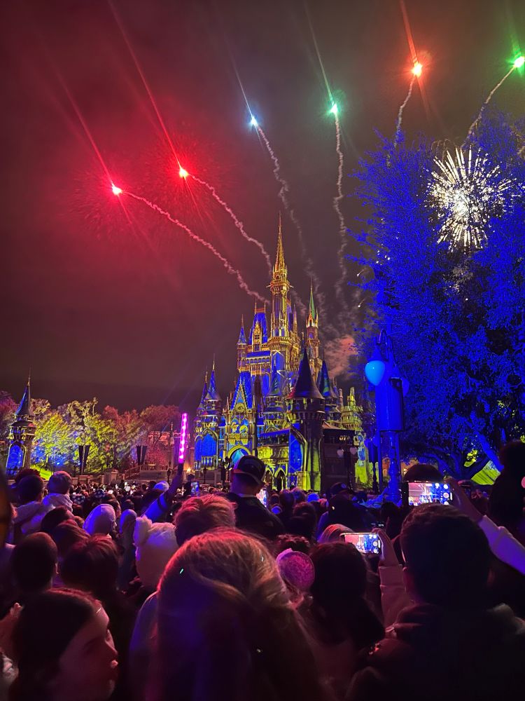 Projections of gold and blue onto Cinderella’s castle at Magic Kingdom. Small fireworks above in red, blue, green and orange. 