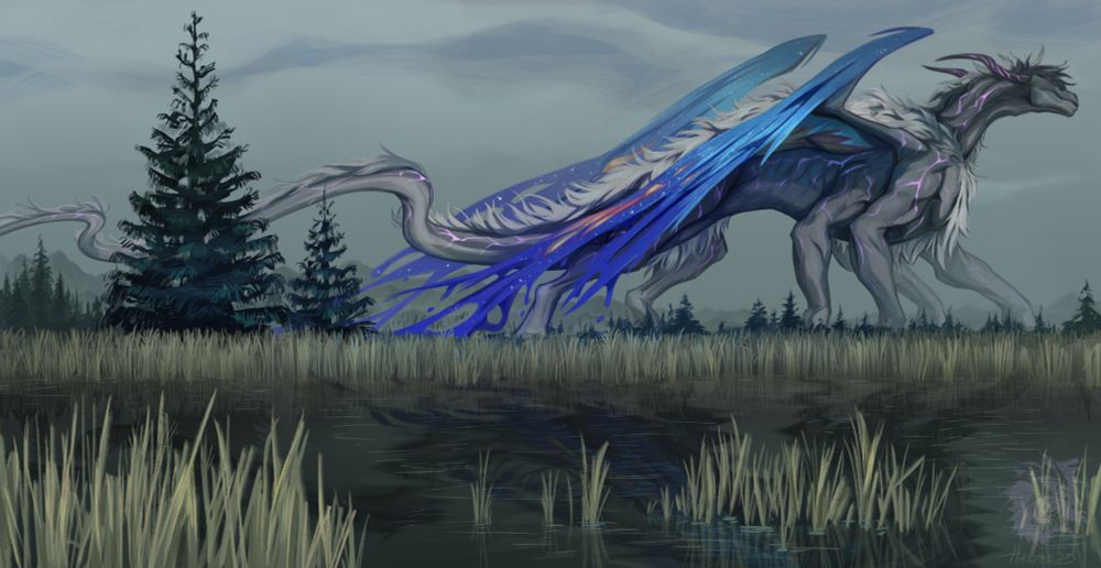 A large feral fourarmed dragon walking on its 6 limbs. His hands balled up as a tail as long as his body lingers behind him. His wings cosmic, goopy and stary. 