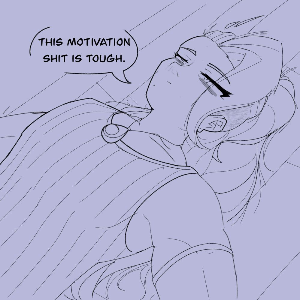 My sona, Kitan, lying on the floor with bloodshot eyes saying “this motivation shit is tough.”