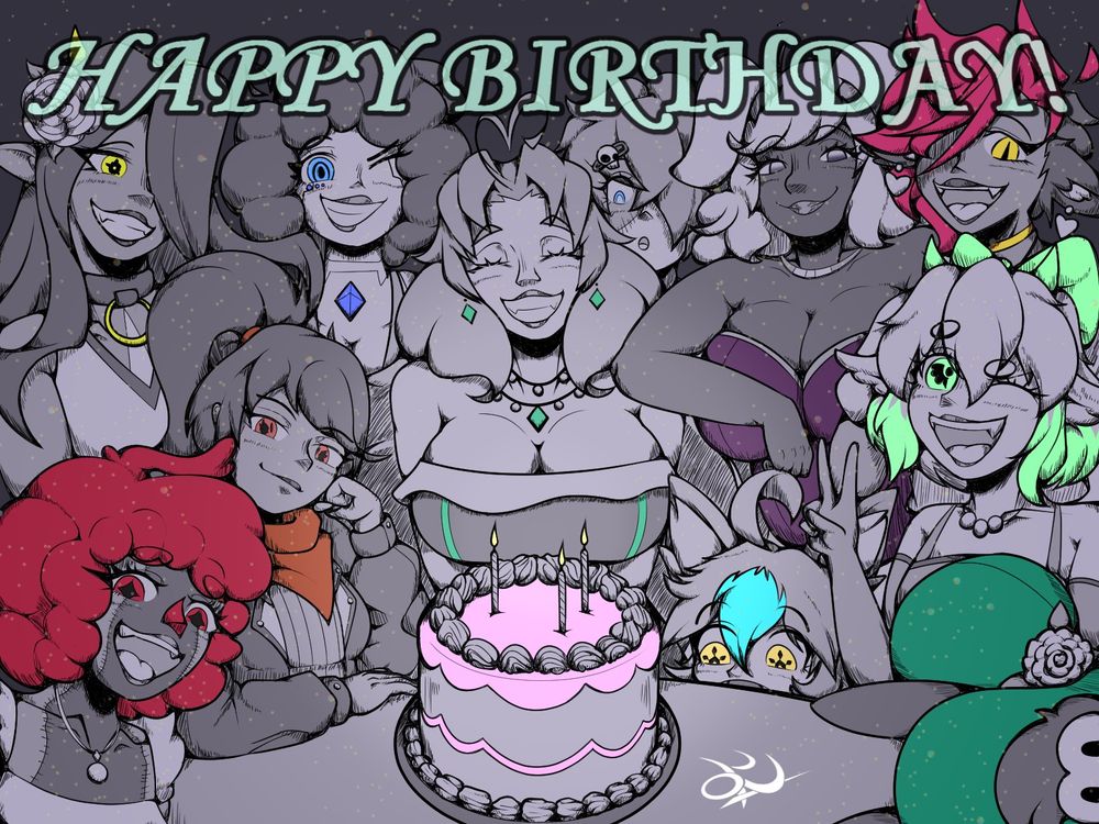 Pictured is Courtney, sitting at a table with a birthday cake set in front of her with three candles lit. She is surrounded by multiple friends, all of which are OCs of the following; Miranda (@slamtthm), Lizzy (@jonbox), Kei (@millsv2), Gumbar (@mippness), Vemi (@racchuslycoris), Anti (@umbradoodles), Marcy (@cdrobo), Katsumi (@rottyunwoven), Padoru (@supessmtr), and Deya (@queen-evvvvve)