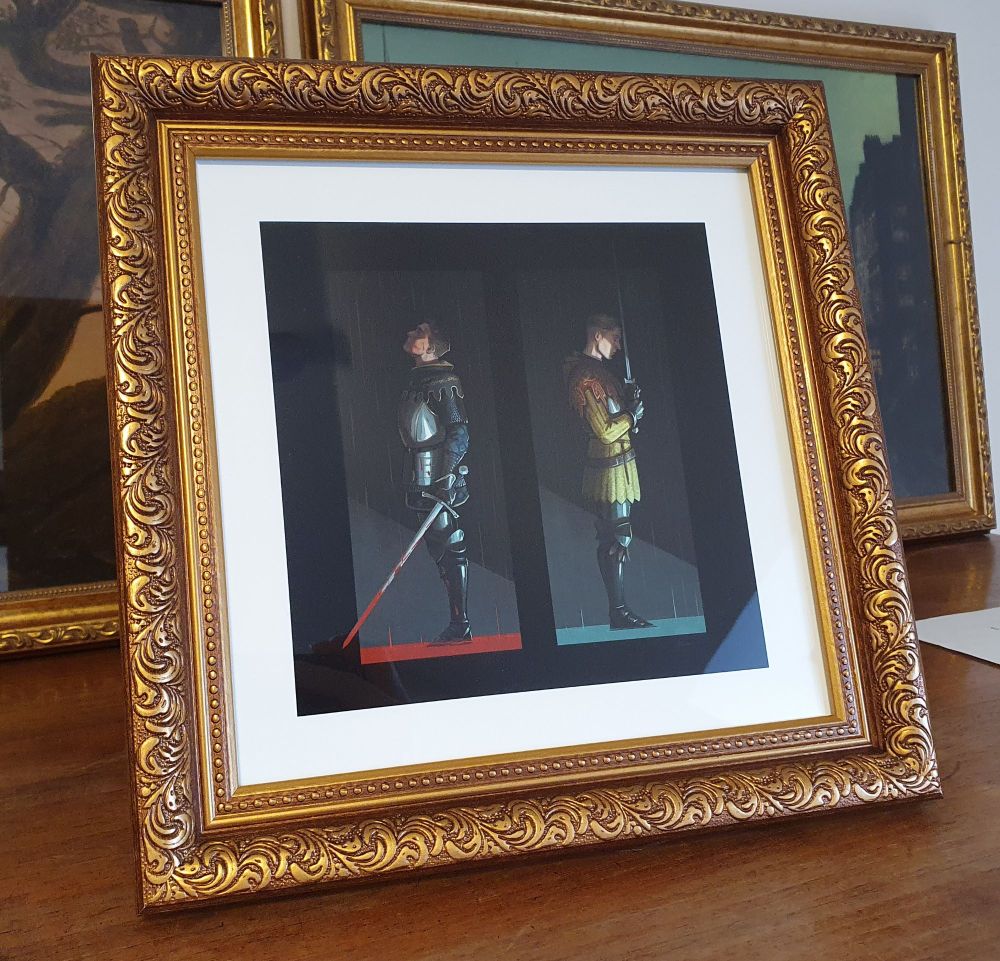 Picture of a print in an ornate frame, showing Henry and Hans from the video game Kingdom come deliverance