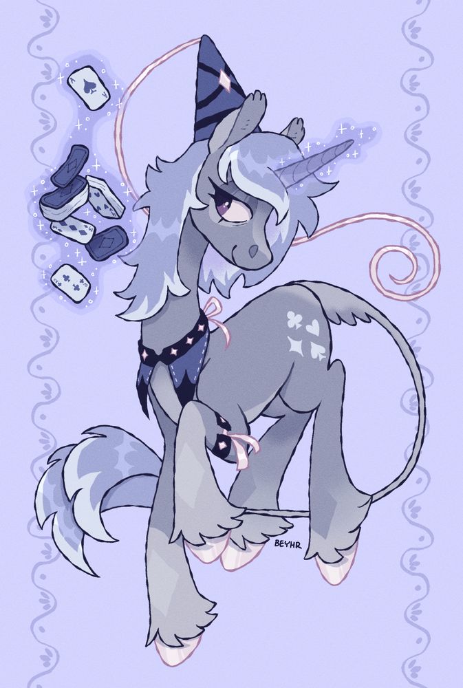 a drawing of a grey unicorn pony, with a deck of cards