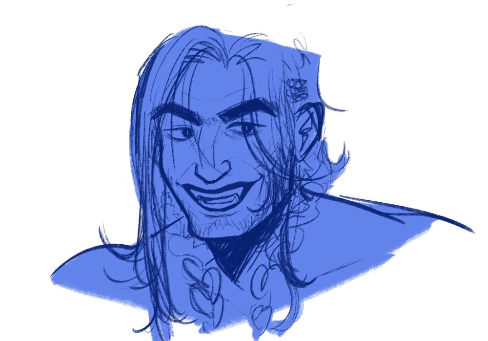 Leman Russ from Warhammer 40K. He’s drawn and colored in with blue. He has thick brows, messy hair, and looks like he just saw something that caught his eye. He smiles widely with sharp teeth.