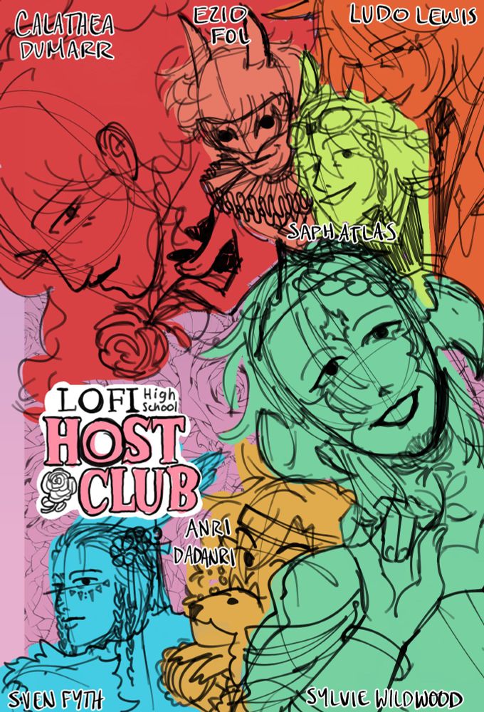 Several lofi art party-goers as a poster for Ouran High School Host Club.

In clockwise order: E'zio Fol, Saph Atlas, Ludo Lewis, Sylvie Wildwood, Anri Dadanri, Calathea Dumarr.