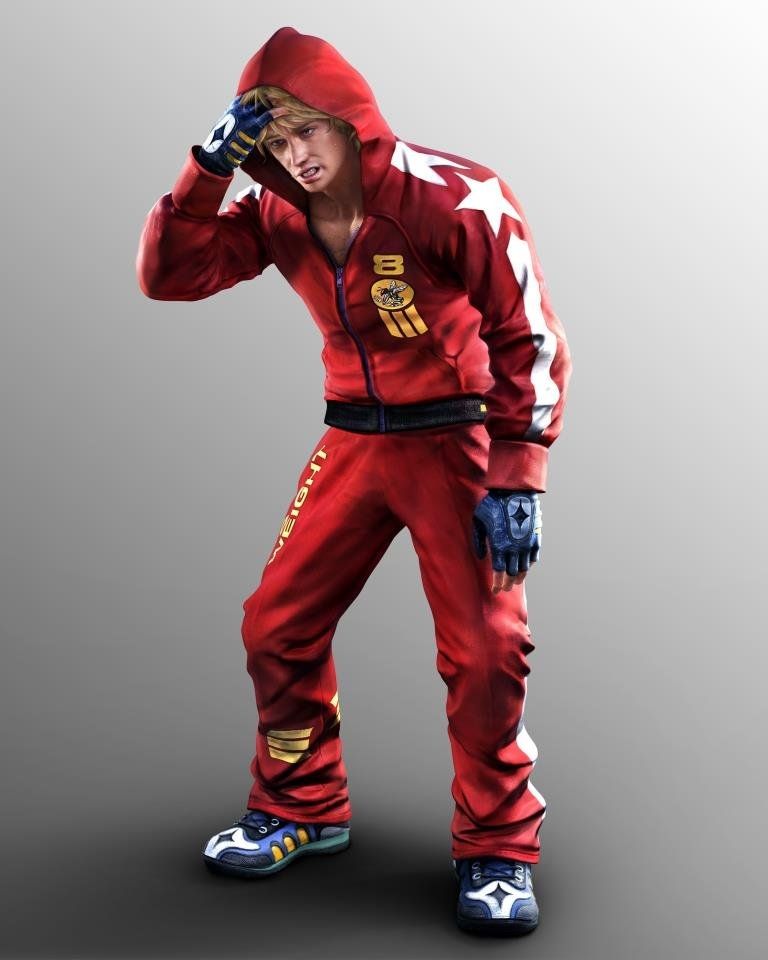 personagem Slim Bob, do jogo de luta Tekken. um homem magro, loiro, branco, de moletom e calça vermelhos, sapato e luvas azuis. na manga do braço direito, tem duas setas brancas com uma estrela no meio