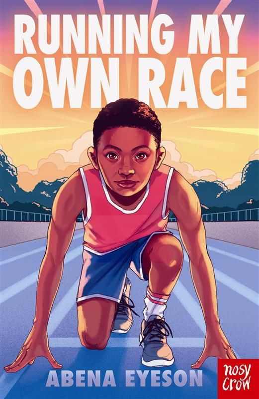 Cover of Running My Own Race by Bex Glendining showing Kofi on the start on an athletics track.