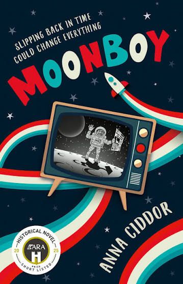 Cover of Moonboy by Debra Billson showing a TV from 1969 with a boy standing on the moon and a rocket flying in the background.