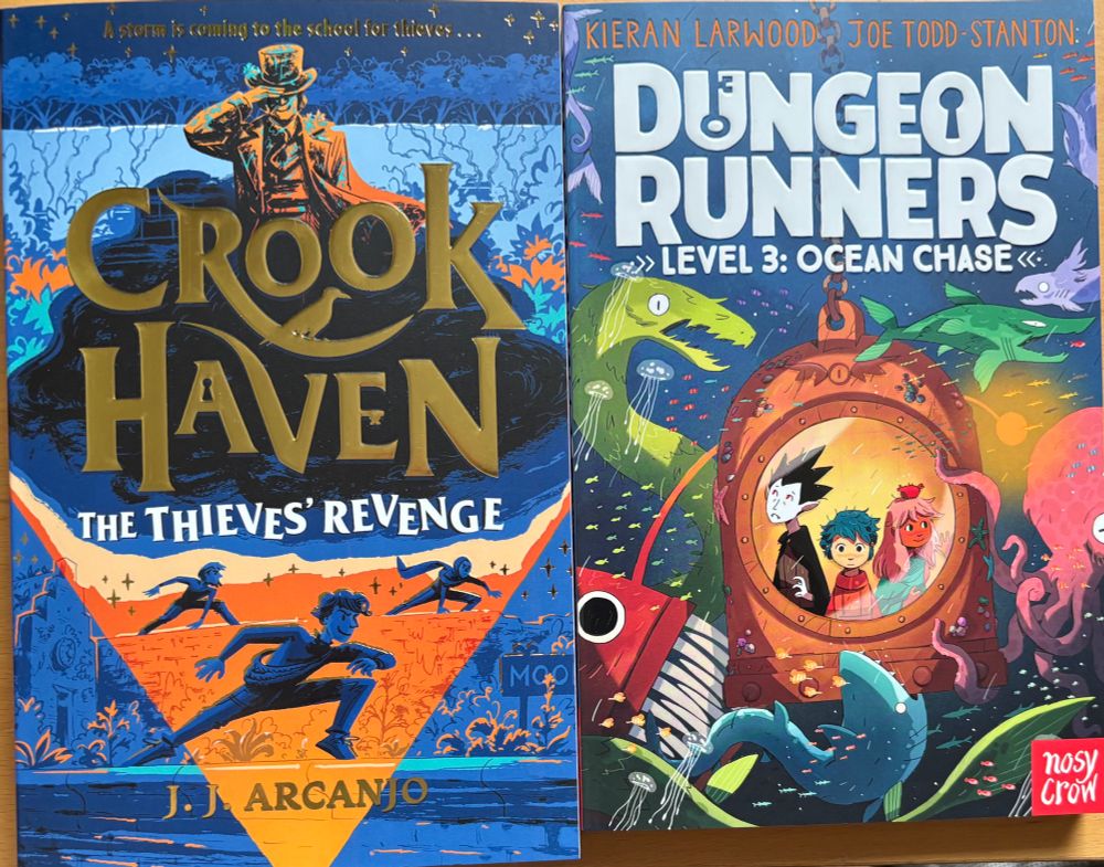 Covers of Crookhaven: The Thieves Revenge by JJ Arcanjo (illustrated by Euan Cook) and Dungeon Runners: Ocean Chase by Kieran Larwood (illustrated by Joe Todd-Stanton).