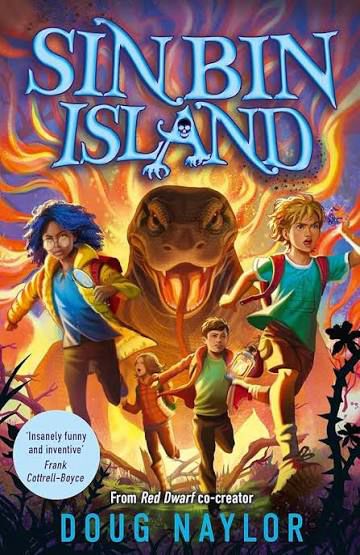 Cover of Sin Bin Island by Khadijah Khatib showing Digs, and friends being chased by a fire-breathing Komodo Dragon